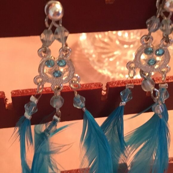 Blue Crystal and fEather Earrings - Picture 4 of 4